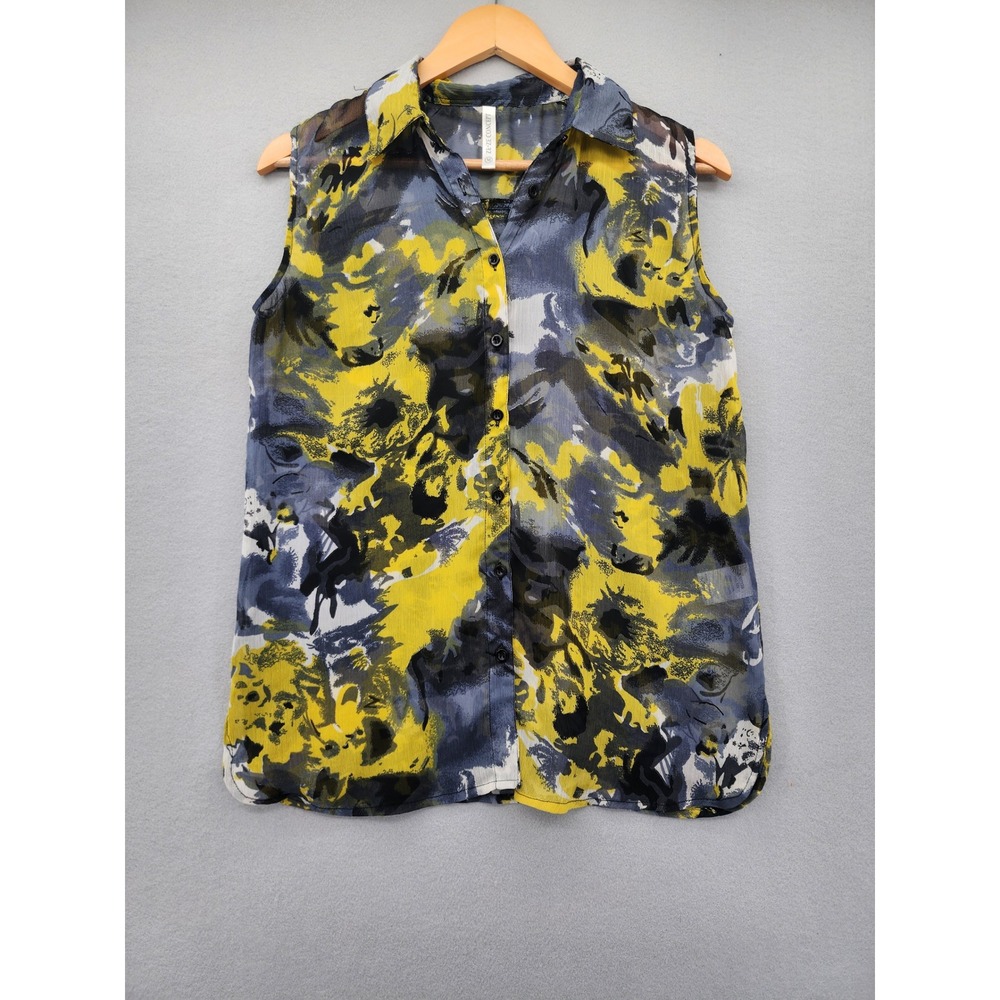 Ze-Ze Concept Abstract Floral Sheer Sleeveless Button Down Blouse Yellow Grey M